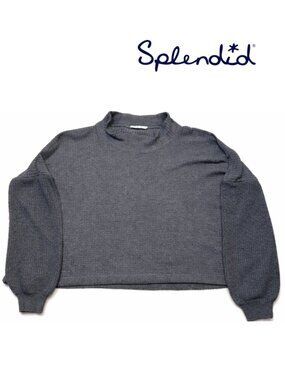 Splendid grey waffle knit cropped sweater oversized L XL balloon sleeve